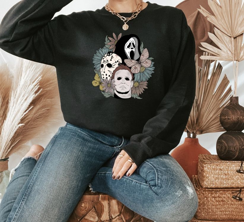 Floral Horror Characters Halloween Sweatshirt