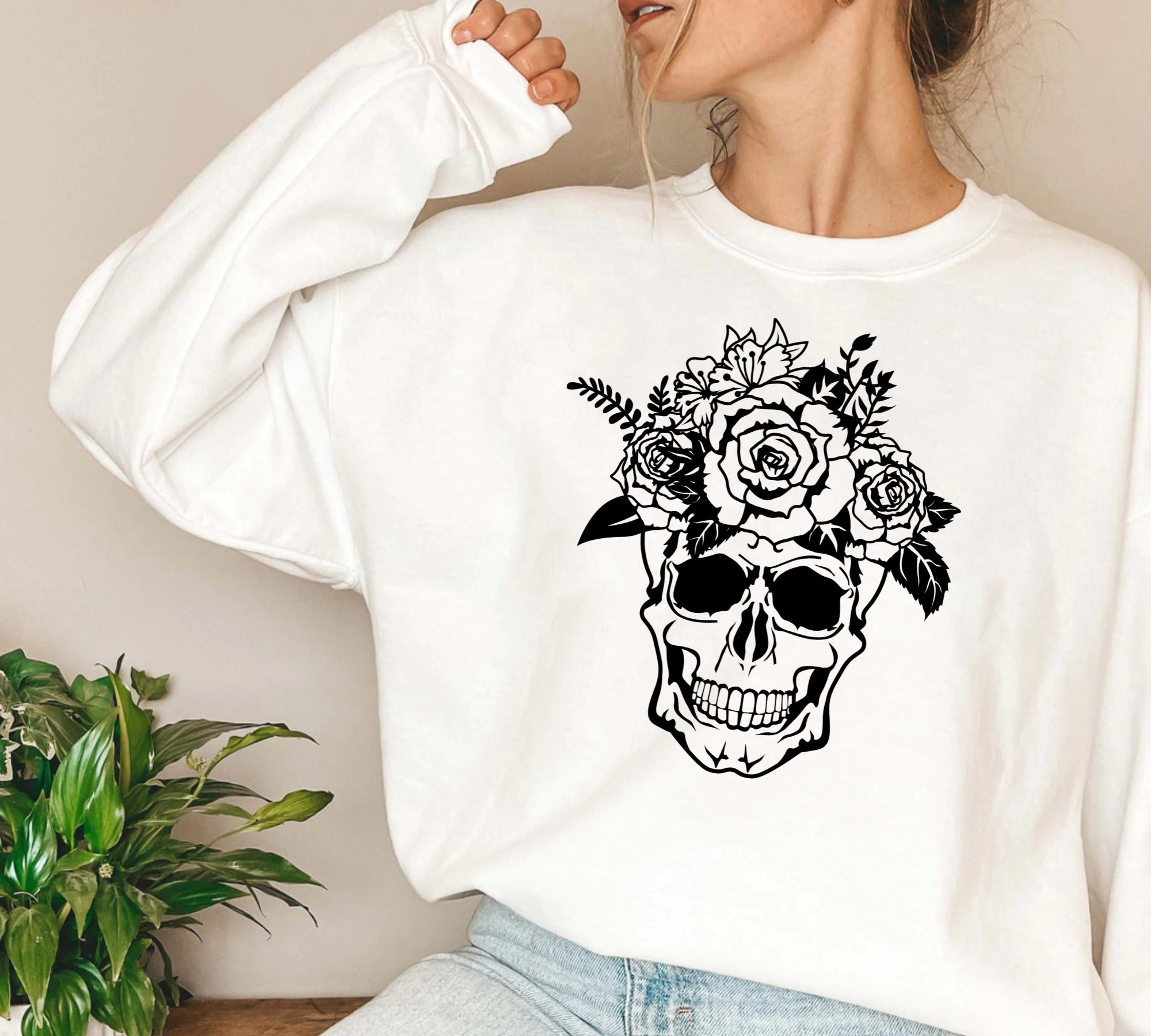 Flowers Skull Skull Skeleton Skeleton Funny Pumpkin Halloween Unisex Sweatshirt