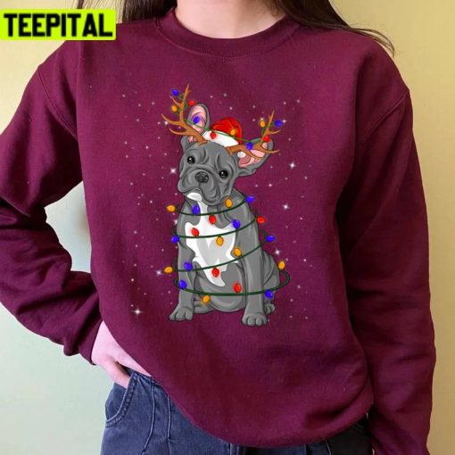 French Bulldog Reindeer Christmas Lights Funny Dog Xmas Gift Unisex Sweatshirt