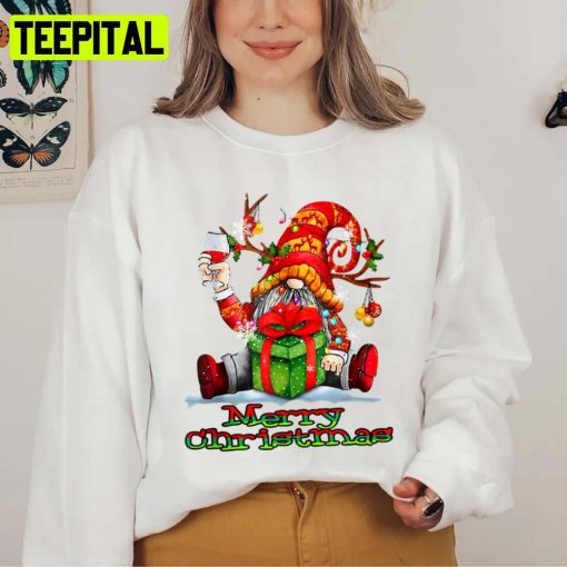 Gnome Drinking Wine Christmas Xmas Santa Reindeer Unisex Sweatshirt