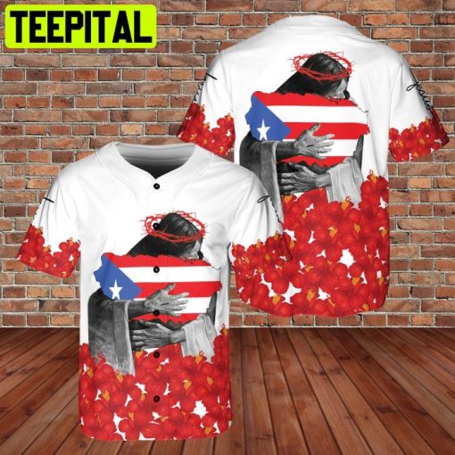 God Hubs Loves Puerto Rico Flag Hawaii Floral BaseBall Jersey Style 1