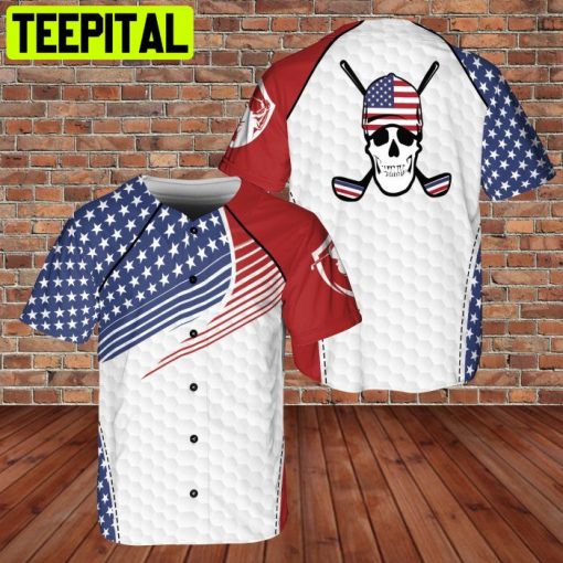 Golfer Skull Playing Golf United States US Flag 3D BaseBall Jersey WhiteRed Color