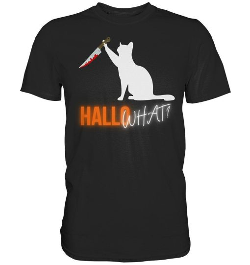 Halloween Cat with Knife Hello What Horror Premium Shirt