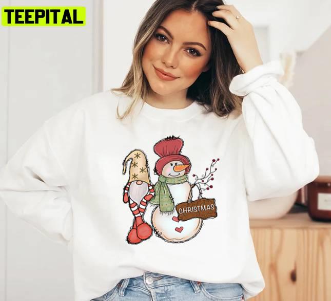 Hello Winter Snowman With Gnome Design Unisex Sweatshirt