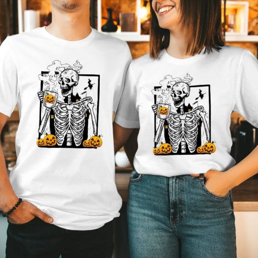 Hot Pumpkin Coffee Skeleton Drinking Funny Halloween T-Shirt