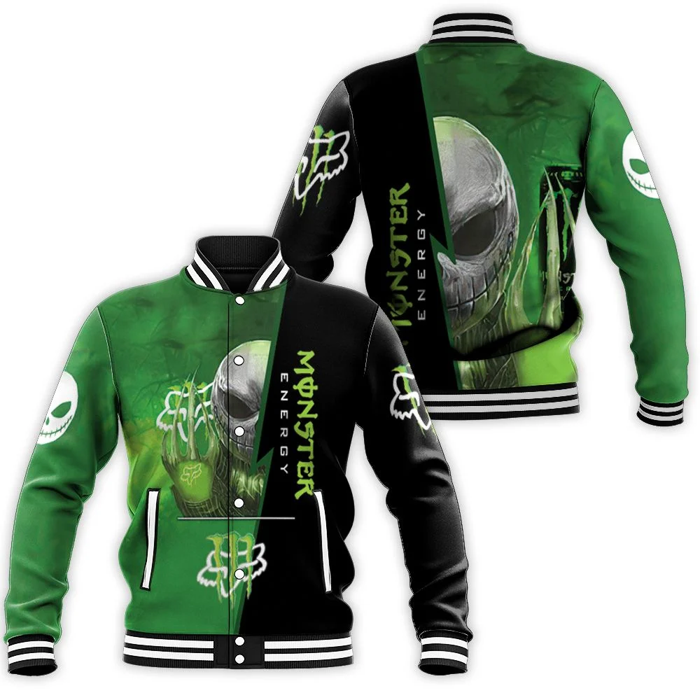 Jack Skellington Hold Monster Energy Logo 3d Baseball Jacket