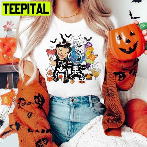 Lilo & Stitch Halloween Skeleton Pumpkin HalloweenTrending Unisex Shirt