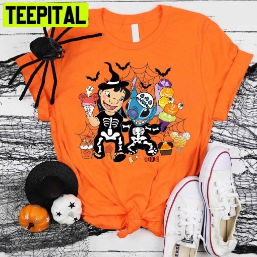 Lilo & Stitch Halloween Skeleton Pumpkin HalloweenTrending Unisex Shirt