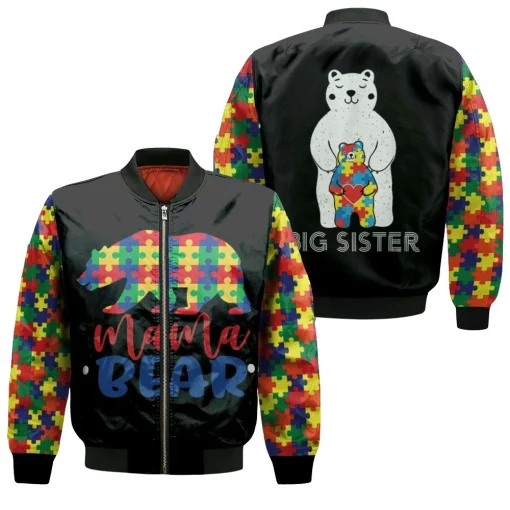 Mama Bear Big Sister Autism Support Bomber Jacket