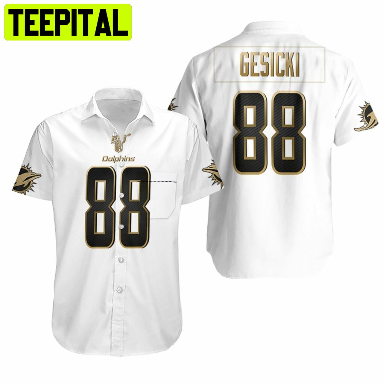 Miami Dolphins Mike Gesicki #88 White 100th Season Golden Edition Hawaiian Shirt