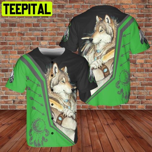 Native Wolf DreamCatcher AOP Baseball Jersey Green Black Style