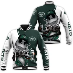 New York Jets Jack Skellington And Zero Baseball Jacket