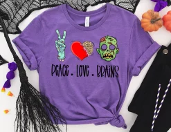 Peace Love Brains Zombie Fall Spooky Pumpkin Halloween Unisex T-Shirt