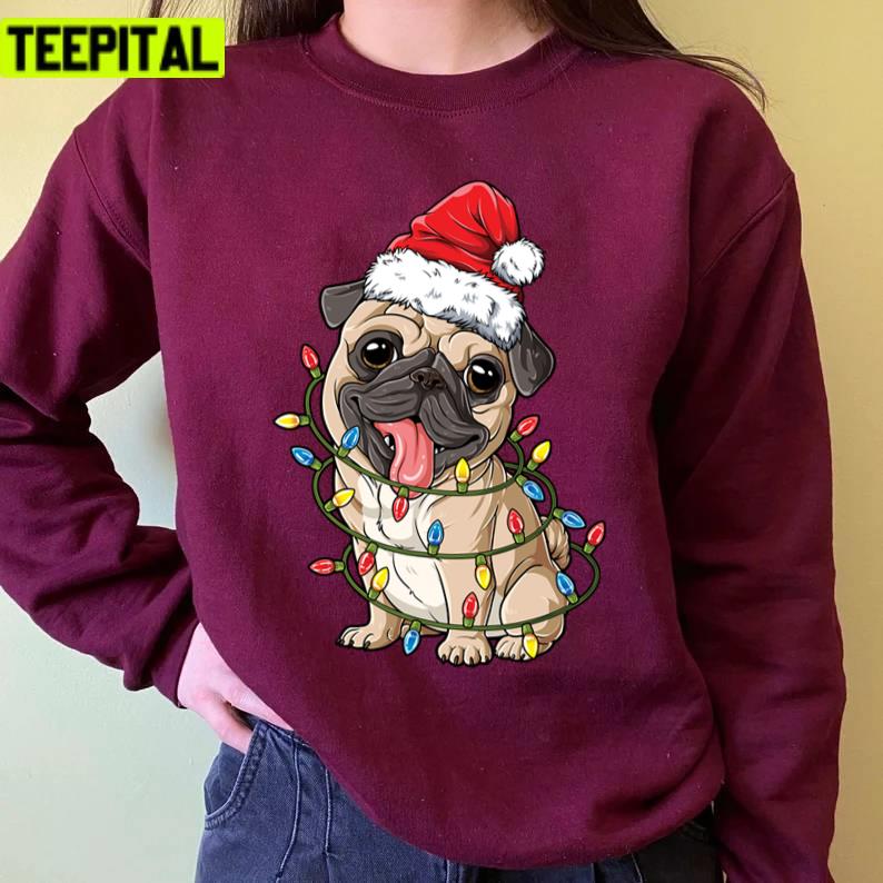 Pug Christmas Santa Hat Xmas Lights Boys Pugmas Dog Design Unisex Sweatshirt