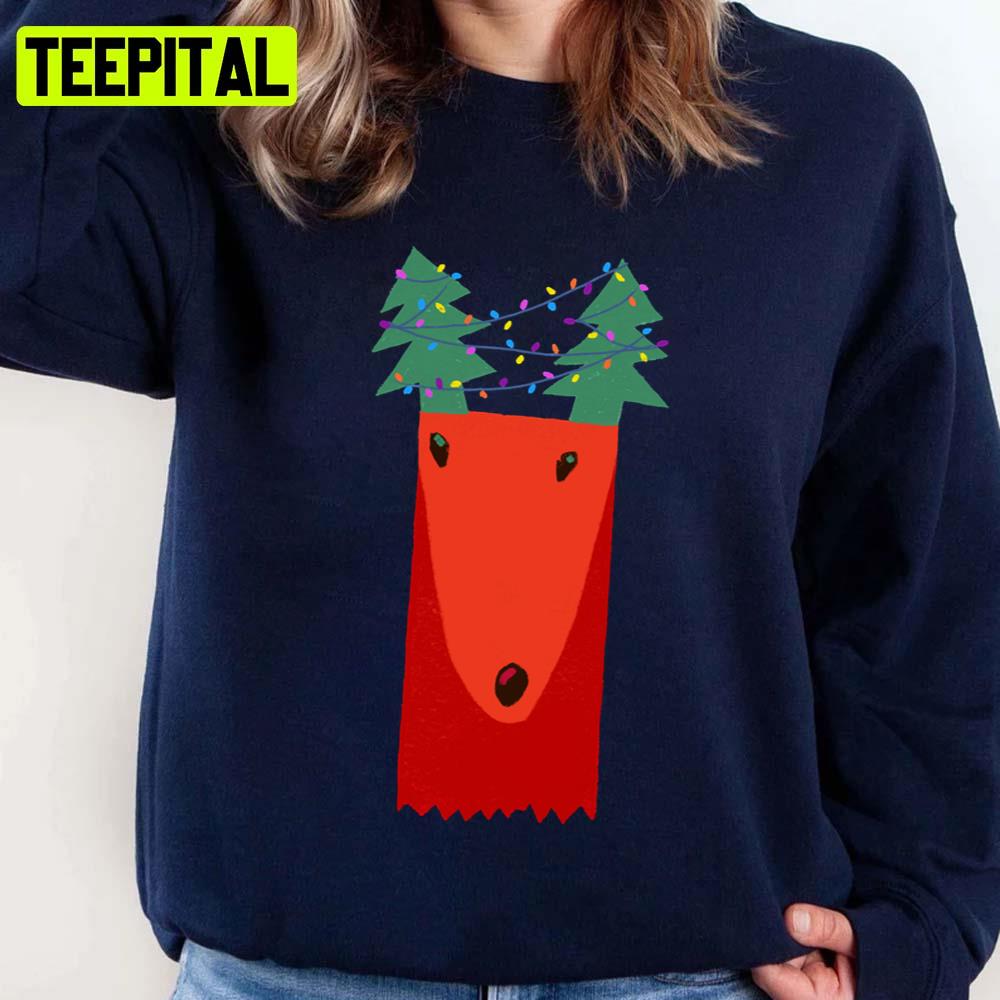 Reindeer With Christmas Tree Antlers And Christmas Lights Unisex Sweatshirt