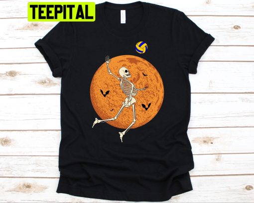 Skeleton Playing Volleyball Halloween Skeleton Moon Bats Trending Unisex Shirt