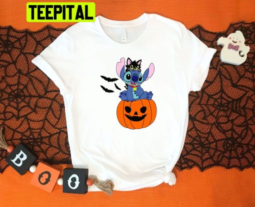 Stitch Balck Cat And Pumpkin HalloweenTrending Unisex Shirt