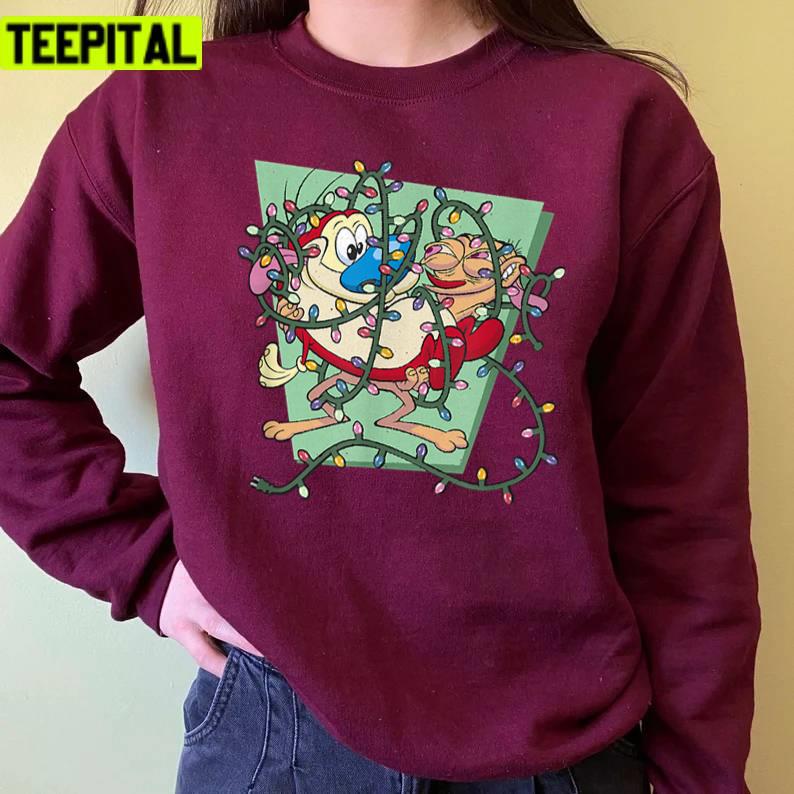 Tangled Lights Ren And Stimpy 90s Cartoon Christmas Unisex Sweatshirt