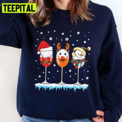 Three Glasses Of Wine Santa Hat Snowman Reindeer Design Unisex Sweatshirt