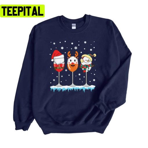 Three Glasses Of Wine Santa Hat Snowman Reindeer Design Unisex Sweatshirt