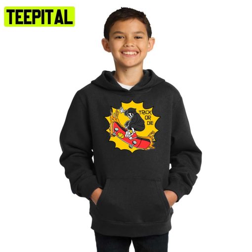 Trick Or Die Skeleton Skater Doing Tricks Halloween Illustration Hoodie