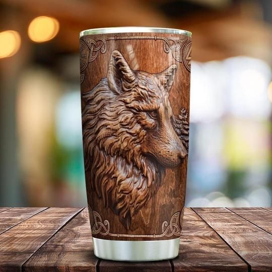 Wooden Style Wolf Vikings Stainless Steel Cup