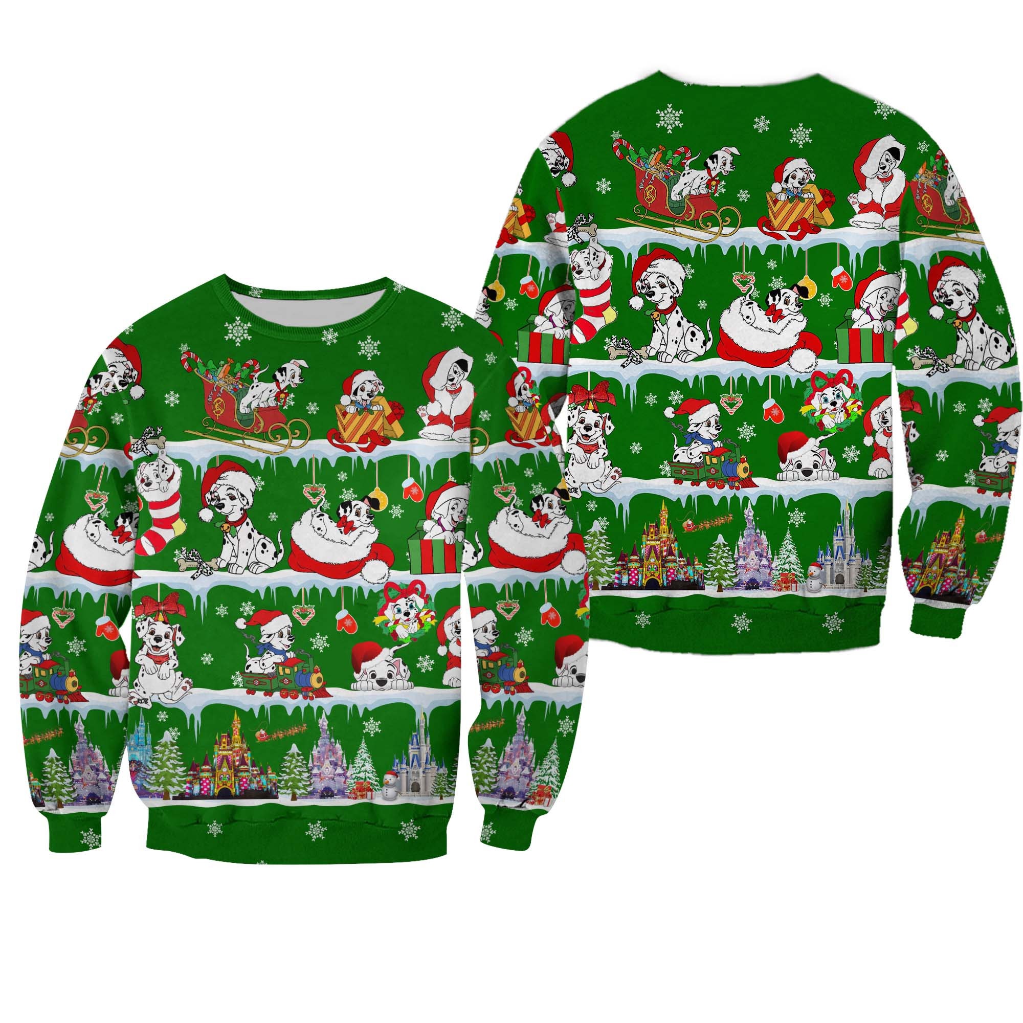 101 Dalmatians Pattern Xmas Green 2022 Christmas Disney Graphic Cartoon Outfits Unisex Casual Cotton Crewneck 3D Sweater