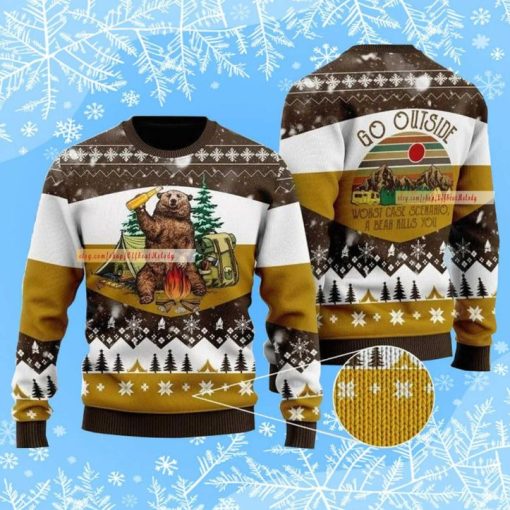 Bear Beer Campfire Ugly Christmas Sweater