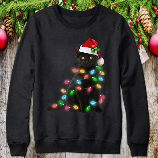 Black Cat Christmas Light Funny Cat Lover Sweatshirt