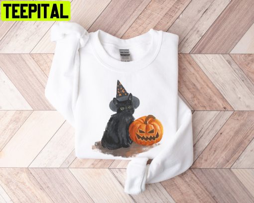 Black Cat Pumpkin Fall Ghost Cat Pumpkin Jack O Lantern Unisex Sweatshirt