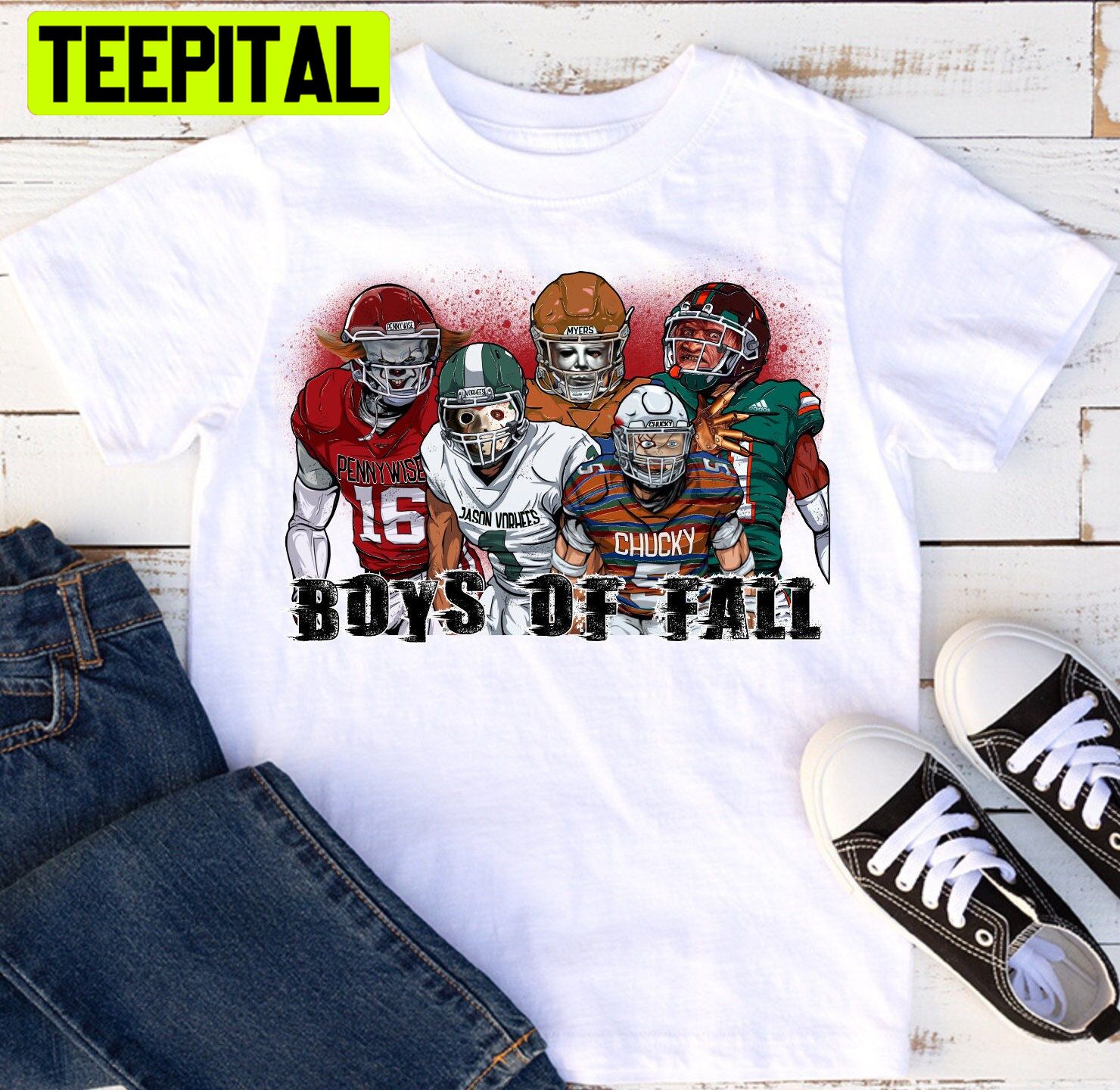 Boys Of Fall Pennywise, Mike Meyers, Freddy, Jason, Chucky Football Halloween Trending Unisex T-Shirt