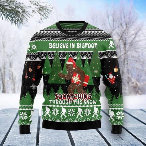 Camping Believe In Bigfoot Squatching Through The Snow Unisex 3D Ugly Christmas Sweater