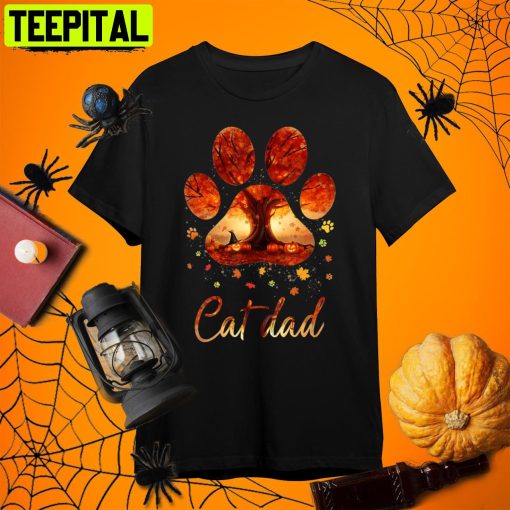 Cat Dad Cat Paw Autumn Themed Cat Lover Halloween Cat Dad Retro Art Unisex T-Shirt