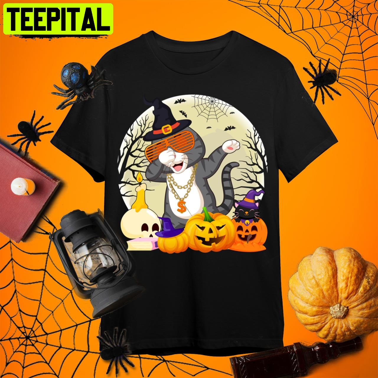 Cat Dad Three Pumkins Halloween Retro Art Unisex T-Shirt