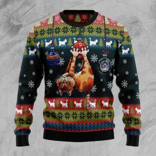 Cat Hanging on Xmas Tree Ugly 3D Christmas Sweater