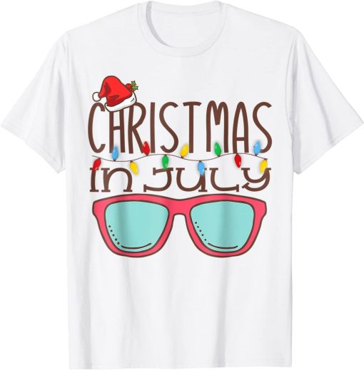 Christmas In July Santa Hat Sunglasses Summer Beach Vacation T-Shirt