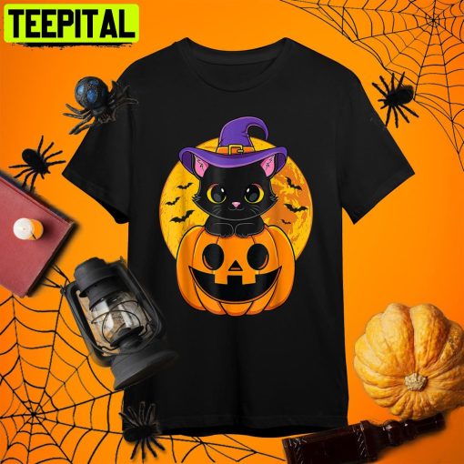 Cute Halloween Black Cat Witch Hat Pumpkin For Kids Girls T Retro Art Unisex T-Shirt