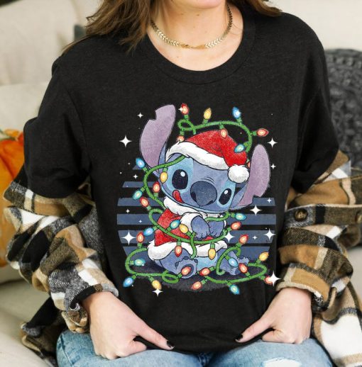 Disney Christmas Lilo and Stitch Lights Portrait T-Shirt