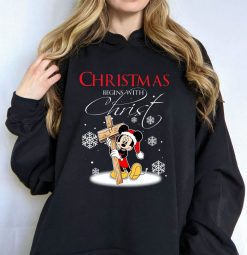 Disney Santa Mickey Mouse Christmas Begins With Christ Hoodie