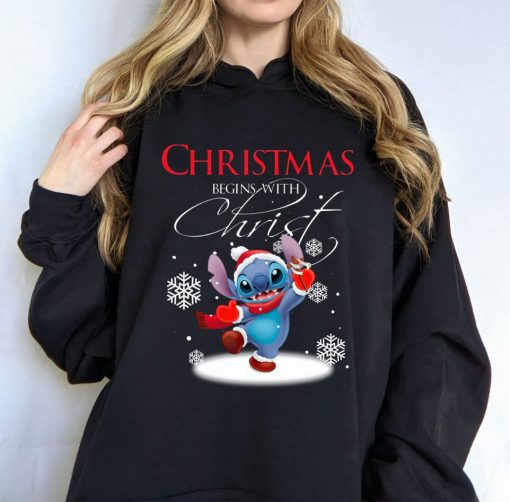 Disney Santa Stitch Christmas Begins With Christ Hoodie