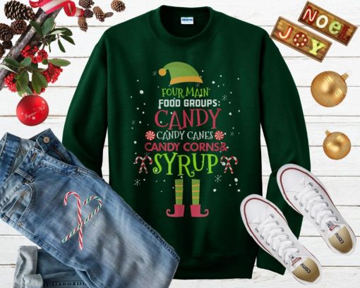 Four Main Food Groups Candy Candy Canes Candy Corn And Syrup Elf Buddy Ugly Christmas Sweater