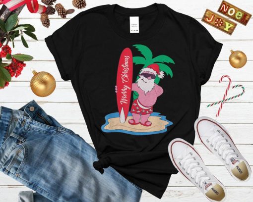 Funny Santa Claus Surfing On The Beach Tropical Christmas Shirt