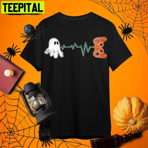 Ghost Gamer Pumpkin Controller Costume Easy Halloween Gift Retro Art Unisex T-Shirt