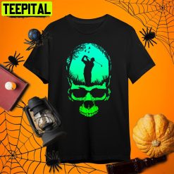 Golf Gothic Golfer Dad Skeleton Skull Green Sunset Single Dad Halloween Retro Art Unisex T-Shirt