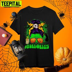 Horror Life Halloween Horror Movie Momster Messy Bun Skull Retro Art Unisex T-Shirt