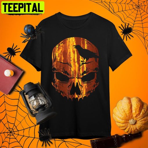 Orange Skull Crow Skeleton Horror Scary Halloween Costume Retro Art Unisex T-Shirt