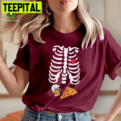 Pizza & Beer X-Ray Ribcage Skeleton Pregnancy Maternity Couple Matching Halloween Trending Unisex Shirt