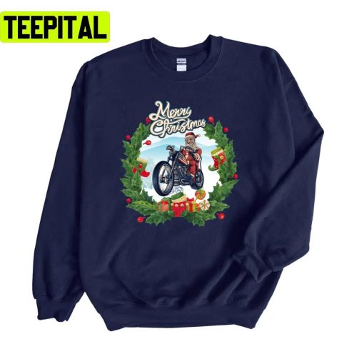 Retro Art Merry Christmas Happy Santa On Motorbike Unisex Sweatshirt