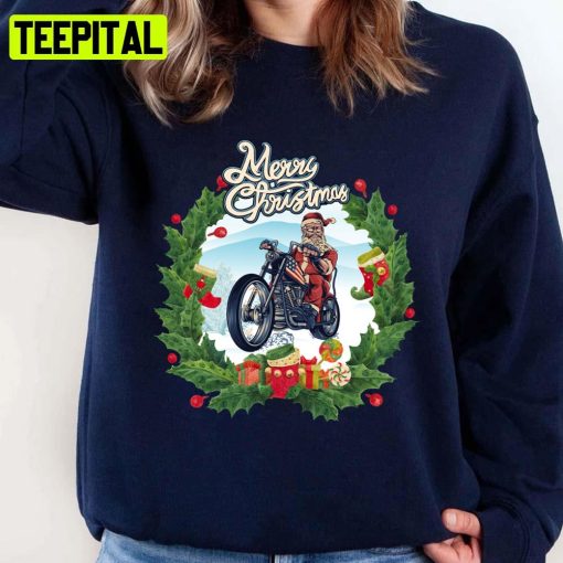 Retro Art Merry Christmas Happy Santa On Motorbike Unisex Sweatshirt