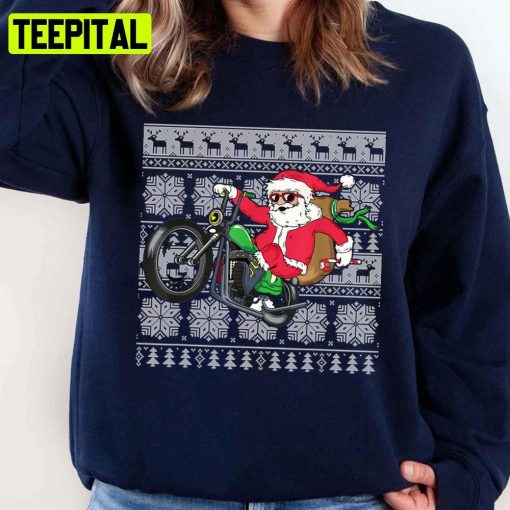 Santa Claus Coming On Motorcycle Ugly Christmas Unisex Sweatshirt